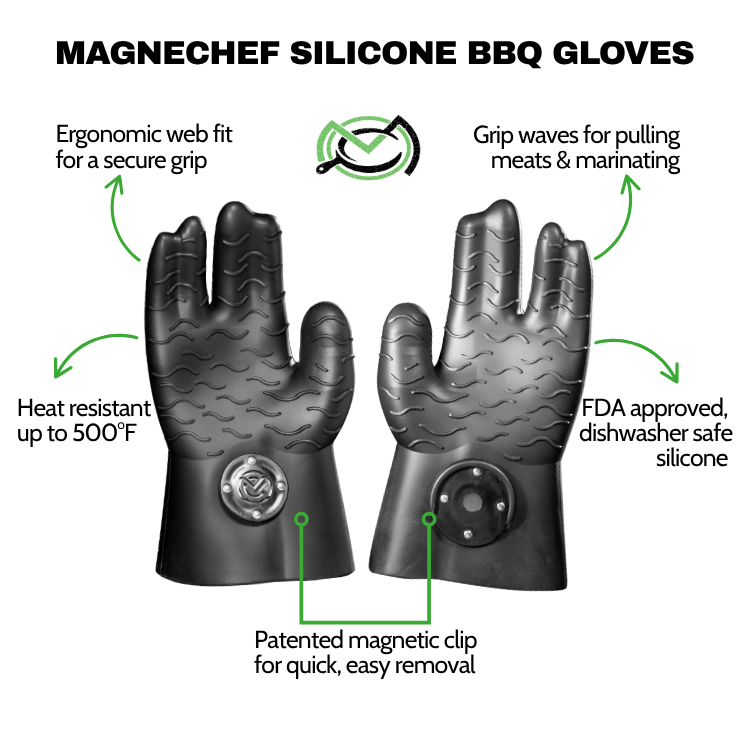 Magnechef silicone BBQ gloves with features highlighted on a white background