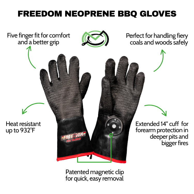 Freedom Neoprene BBQ Gloves with features highlighted on a white background